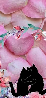 Romantic floral mobile wallpaper with pink petals and cat silhouettes.