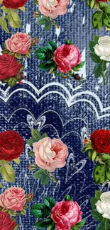 Floral denim mobile wallpaper with red, pink, and white roses.