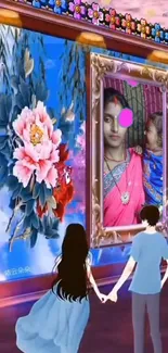 Romantic couple in a floral corridor with pink and blue hues.