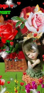 Romantic floral wallpaper with red roses and serene character scene.