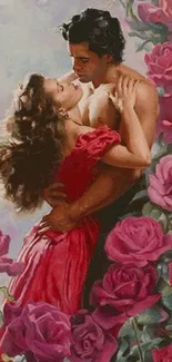 Romantic couple embraced within vivid pink roses.