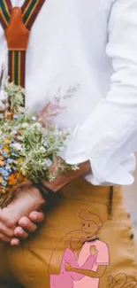 Man with flowers behind back, wearing suspenders, romantic scene.