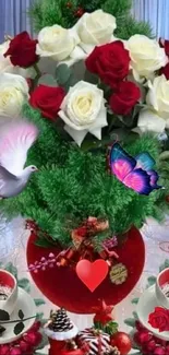 Heart vase with roses, butterfly, and dove.