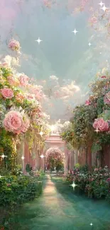 Romantic floral garden wallpaper with pink roses and serene pathways.