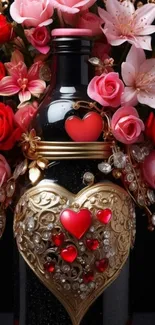 Luxurious bottle with a floral heart design against a black background.