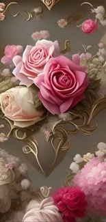 Romantic floral heart with pink roses.