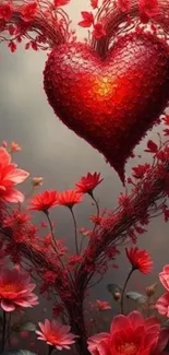Heart made of red flowers in a romantic design.
