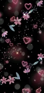 Romantic wallpaper with pink flowers and hearts on a black background.