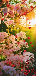 Romantic floral wallpaper with pink blossoms and red heart designs.