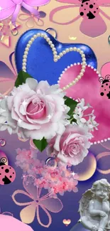 Romantic wallpaper with pink roses and hearts.