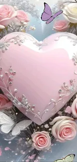 Romantic pink heart with roses and butterflies in a dreamy background.