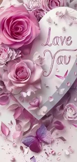 Heart-shaped design with pink roses and petals for wallpaper.