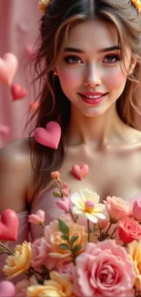 Smiling woman with flowers and hearts