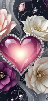 Romantic floral heart wallpaper with vibrant blooms.