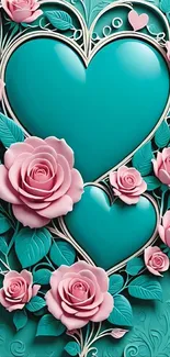Romantic wallpaper with turquoise hearts and pink roses.