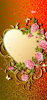 Romantic heart wallpaper with pink roses on a red gradient background.