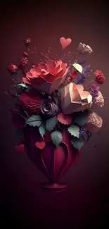 Romantic mobile wallpaper with a floral bouquet of hearts and roses.