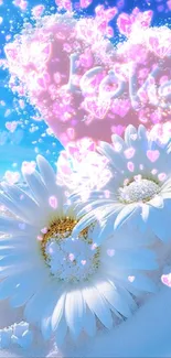 Romantic pink heart and daisies on blue sky wallpaper.