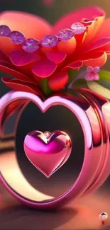 Romantic pink floral heart mobile wallpaper with vibrant details.