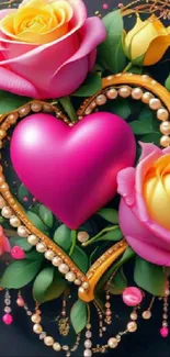 Romantic floral heart wallpaper with roses and pearls.