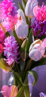 Floral bouquet with heart-shaped overlays in a glass vase.