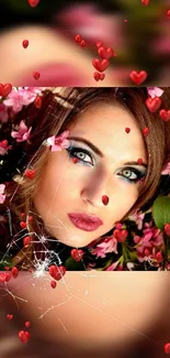 Woman surrounded by pink flowers and red hearts wallpaper.