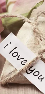 Heart-shaped gift with pink roses and a love note.