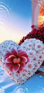 Heart-shaped flower arrangement with pink and white roses in a serene background.