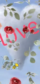 Heart-shaped cloud with flowers and 'love' text on blue background.