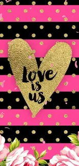 Romantic floral wallpaper with pink, gold, and black striped heart design.