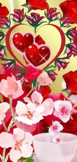 Romantic wallpaper with red heart and floral design, featuring roses and pink blossoms.