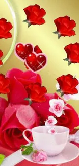 Romantic wallpaper with red roses and hearts.