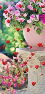 Pink flowers and red hearts garden wallpaper.