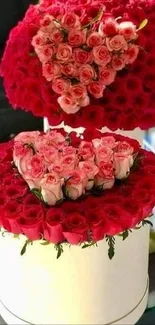 Beautiful heart-shaped rose arrangement with red and pink flowers.