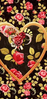 Romantic wallpaper with floral heart and vibrant roses in rich colors.