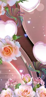 Romantic mobile wallpaper with pink hearts and roses.