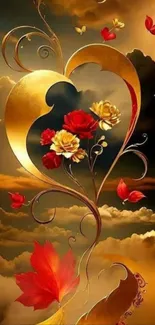 Romantic heart with roses and butterflies on a golden background.