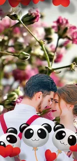 Loving couple with flowers and cute panda balloons.