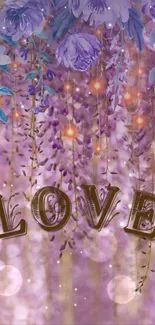 Purple floral mobile wallpaper with "Love" text and bokeh effect.