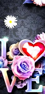 Romantic wallpaper with colorful flowers and love letters.