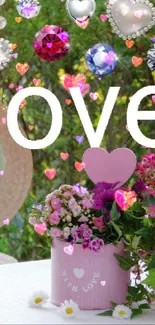 Romantic floral wallpaper with love text and pretty flowers.