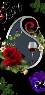 Romantic floral wallpaper with roses, leaves, and wine glass on dark background.