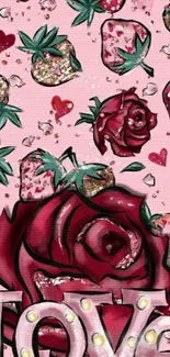 Romantic floral wallpaper with roses, strawberries, and glitter on pink background.