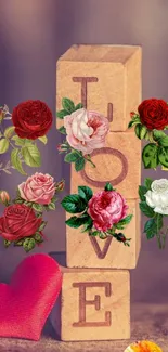 Romantic floral wallpaper with roses and LOVE wooden blocks.