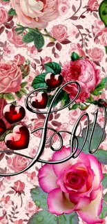 Romantic floral wallpaper with roses and love motif.