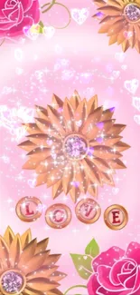 Romantic floral mobile wallpaper with pink roses and sparkling heart accents.