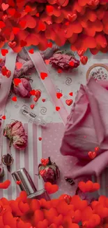 Romantic floral wallpaper with pink roses and red hearts on striped background.