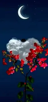 Crescent moon with heart clouds and red flowers in night sky wallpaper.