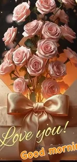 Pink roses with 'Love you' and 'Good morning' text.