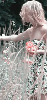 Woman in floral dress standing in a meadow holding pink flowers.